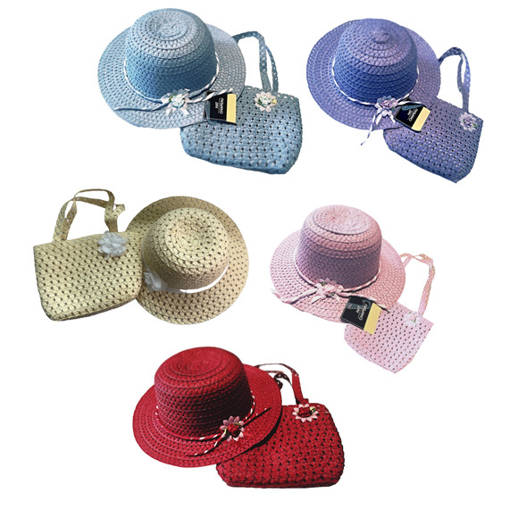 Girls Sun Hat And Purse Pink Woven Straw With Spring Flower Details Dress Up - Picture 6 of 6